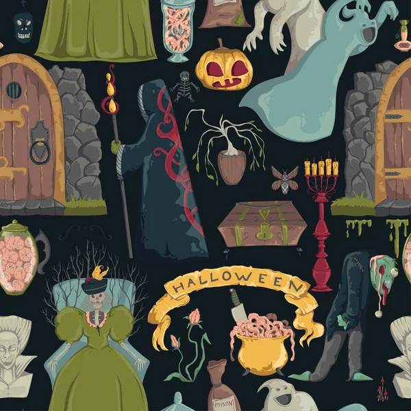 Ürpertici Karakterler Süslemeleri Ile Dikişsiz Desen Cadılar Bayramı Gecesi Parti — Stok Vektör