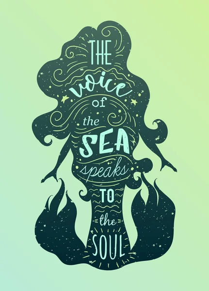Deniz Kızı Ilham Alıntı Ile Silüeti Ses Deniz Ruh Konuşuyor — Stok Vektör