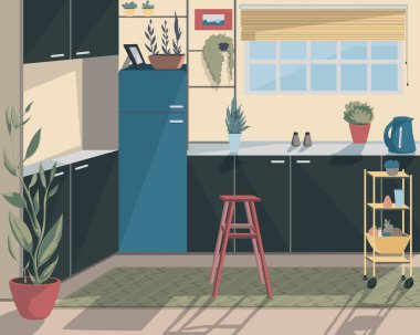 Pencere, sandalye ve tencere bitki ile Modern mutfak iç. Vektör çizimi