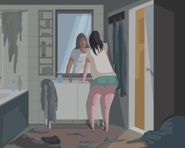 Depresyondaki kadın dağınık banyoda aynaya bakıyor. Duyarsızlık, yalnızlık ve umutsuzluk duyguları. Vektör illüstrasyonu