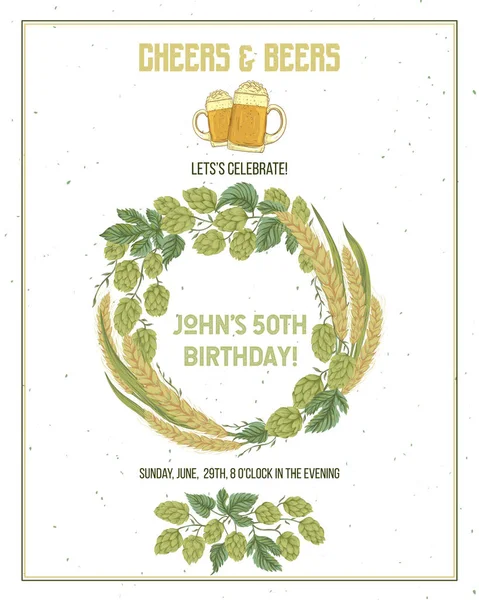 Santé Bières Invitation Houblon Blé Modèle Conception Pour Anniversaire Carte — Image vectorielle