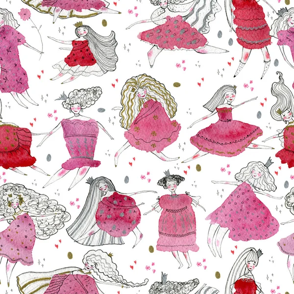 Patrón Sin Costuras Con Princesas Soñadoras Conjunto Niñas Fantasía Doodle —  Fotos de Stock