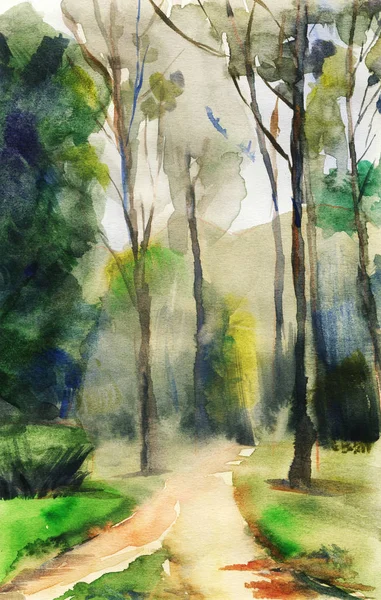 Abstract Landscape Trees Walkway Watercolor Illustration Sketch Style Stock Picture