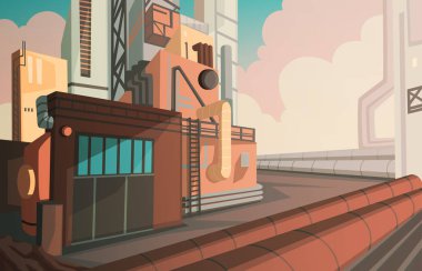 Modern fabrika binası ve deposu olan sanayi manzarası. Gündoğumu ve bulutlu gökyüzü ile endüstri bölgesi. Vektör illüstrasyonu