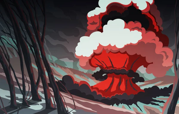 Ядерный Взрыв Горном Пейзаже Взрывная Волна Огромные Объемы Дыма Искры — стоковый вектор