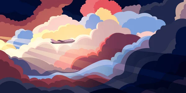 飛行機は日没や日の出の光の中で美しい雲の上を飛ぶ 旅行のコンセプト カラフルなベクトルイラスト — ストックベクタ
