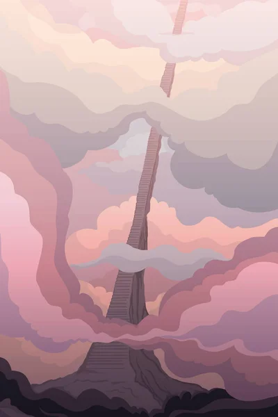 Escalera Las Nubes Paisaje Fantasía Con Camino Surrealista Cielo Ilustración — Vector de stock