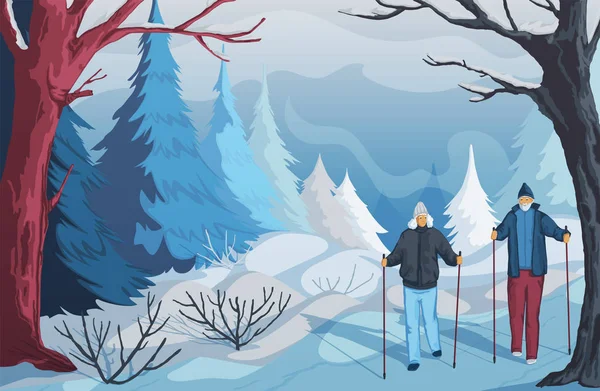 冬季的风景 多雪的山丘 灌木丛 树木和冷杉 老夫妇徒步旅行和北方人在公园散步 矢量说明 — 图库矢量图片