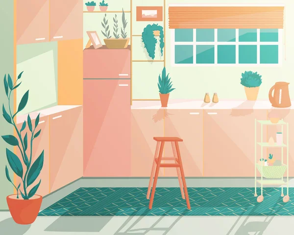 现代厨房内部 有窗户 椅子和盆栽 矢量插图 — 图库矢量图片