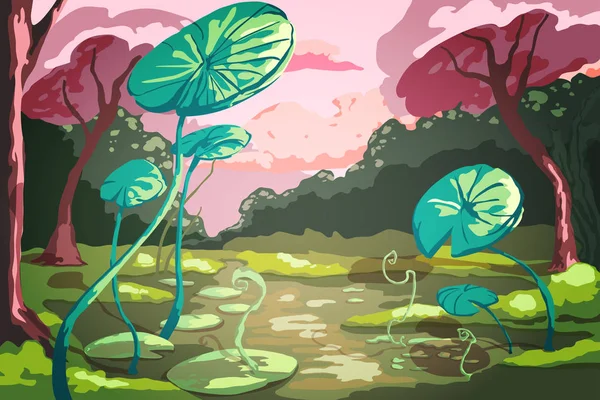 池に巨大な緑の蓮の葉と夏の風景 美しいピンクの木と夕日の風景 ベクターイラスト — ストックベクタ
