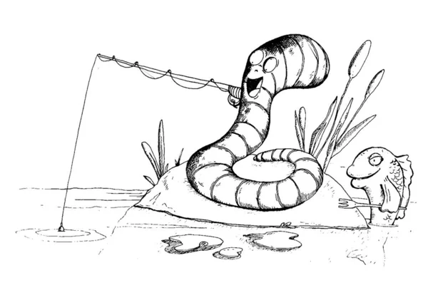 ワームは 釣りや魚のワームを食べたいです 面白い漫画のキャラクター ベクターイラスト — ストックベクタ