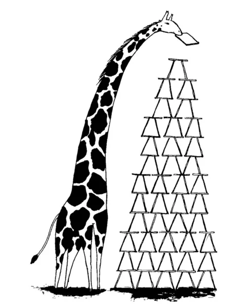 Žirafa Staví Vysokou Věž Černobílá Vektorová Ilustrace — Stockový vektor