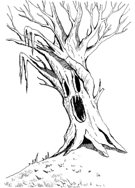Korkunç Yüzlü Kızgın Büyülü Bir Ağaç Cadılar Bayramı Canavarları Hayaletli — Stok Vektör