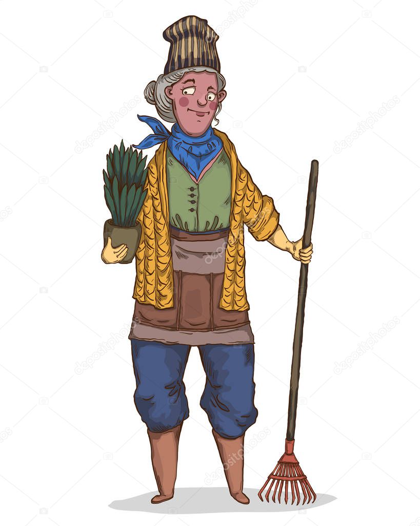 Farmer senior woman with plant in pot and rake in her hand. Cute cartoon character working in the garden. Vector illustration