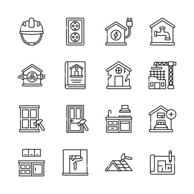 Ev yenileme altyapısı ve planlama projeleri için inşaat ve emlak simgelerinin toplanması