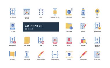 3B yazdırma ögeleri gösteren düz biçim simgeleri makine dosyaları ve prototip modelleme ve üretim sürecinde kullanılan araçlar