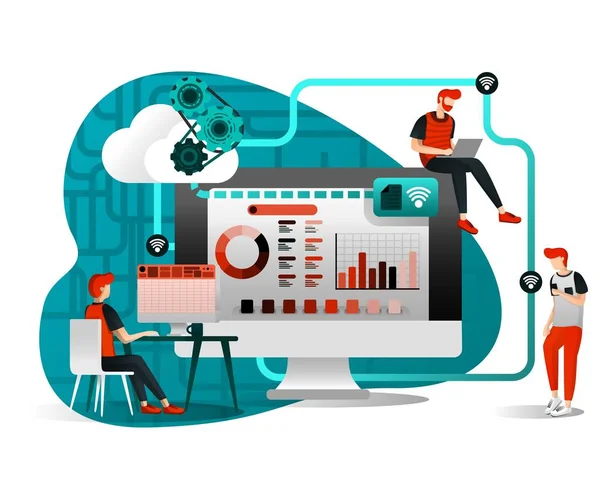 Uzak çalışan için dosya paylaşımı. Açılış sayfası, web, web sitesi, ana sayfa, mobil uygulamalar ui / ux, poster, afiş, şablon, el ilanı için kavramların Vektör düz illüstrasyon