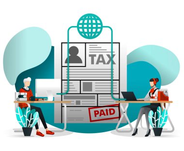 Web öğesi, mobil, poster, afiş için Vektör İllüstrasyon Kavramı. Online Vergi Ödeme, Raporlama ve Talep. Adam İletişim Vergi Müşteri Hizmetleri Sormak ve Düz Karikatür ile Vergi Online.With Doldurmak Için Danışın