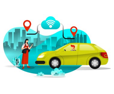 Şehirde Seyahat Için Taksi veya Araba Sipariş Kız. Mobil Şehir Ulaşımı'nı kullanarak sürüşü paylaşın. Düz Karikatür Tarzı. Vektör İllüstrasyon Web Sayfası, Banner, Poster, Açılış Sayfası, Uygulama, Ui, Element için