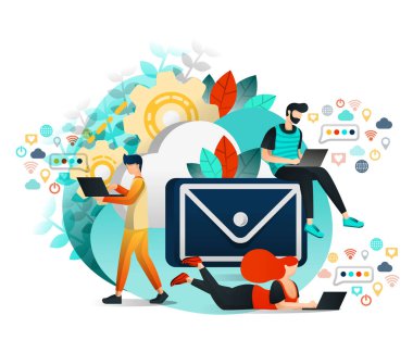 İletişim ve İnternetin Vektör İllüstrasyonu, İletişim Kuran, Öğrenen ve Birbiriyle Çalışan Kişi Grubu. E-posta ve Web Sitesi Teknolojisini Kullanan Gençler. Düz Karikatür Tarzı