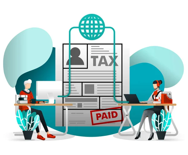 Web öğesi, mobil, poster, afiş için Vektör İllüstrasyon Kavramı. Online Vergi Ödeme, Raporlama ve Talep. Adam İletişim Vergi Müşteri Hizmetleri Sormak ve Düz Karikatür ile Vergi Online.With Doldurmak Için Danışın