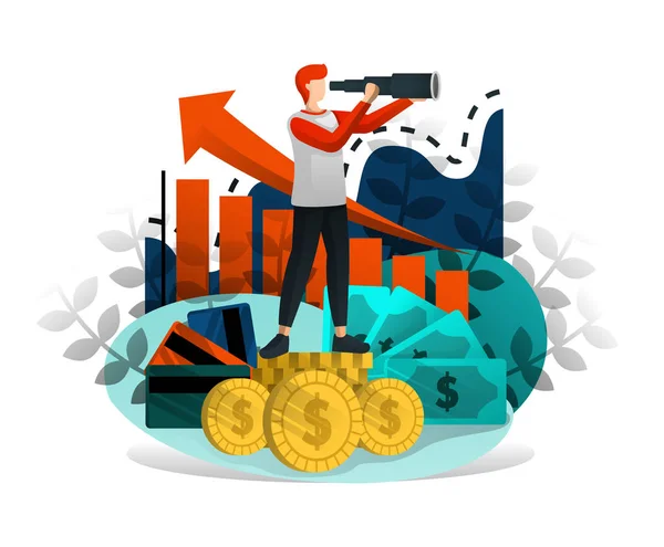 İşadamı Bak Dürbünle Büyük Kar ve Para Kazanma Fırsatı. İş, Gelir ve İyi Girişimci yi artırın. Vektör İllüstrasyon Web, Element, Banner, Ui, Poster için. Düz Karikatür Tarzı