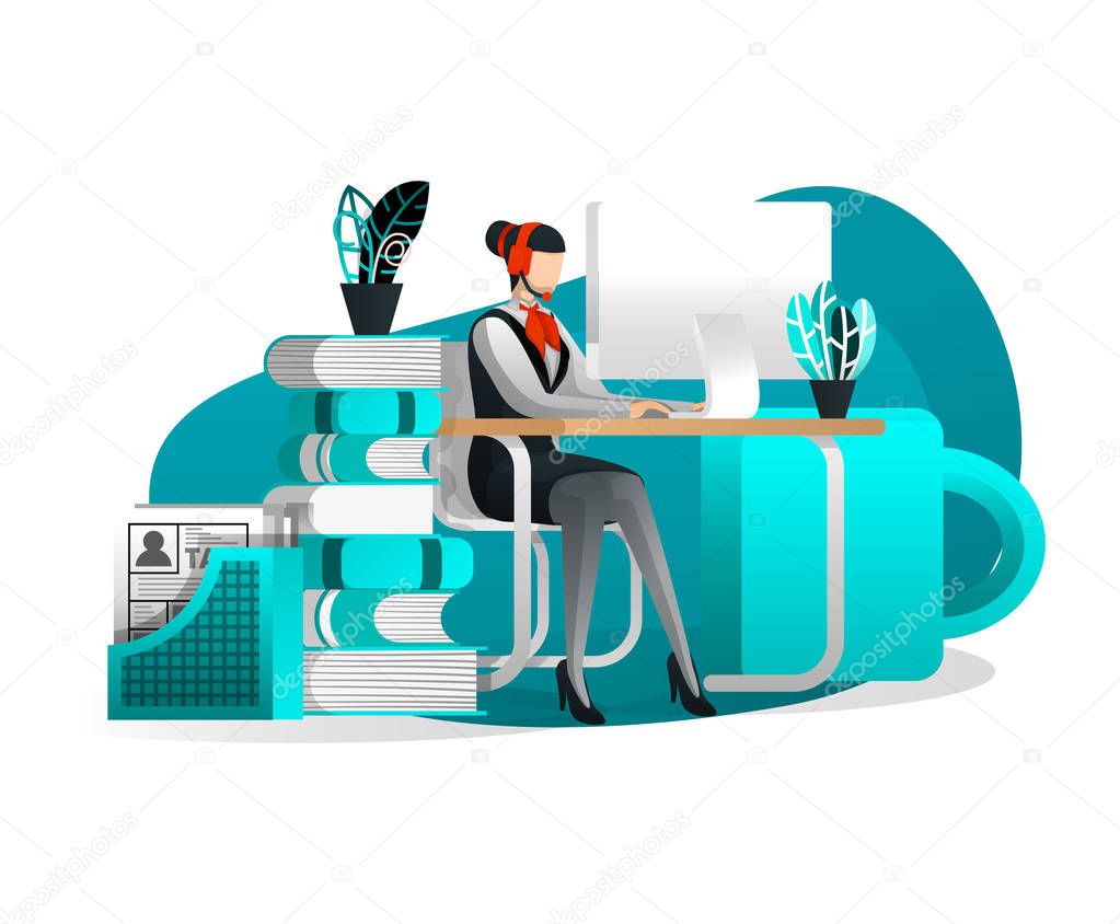 Vector Illustration For Web Page, Banner, Presentation, Social Media, UI. Women Technical Support Working at Desk. Concept of Ideas from Advice, Help, Assistance, Consultation, Ask. Flat Cartoon Style