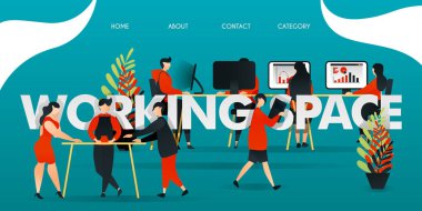 düz çizgi film karakteri. teknoloji, başlangıç, yaratıcı endüstri için vektör illüstrasyon. Çalışma Alanı'nda çalışan. insanlar tartışmak, bilgisayar ile çalışma, grafik analiz ve dosya, pazarlama, promosyon, reklam teslim