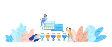 beğeniler, derecelendirmeler, ifadeler ve geri bildirimler verir. daha iyi hizmet ve hasar almak için referansları içerir. açılış sayfası, web, ui, banner, el ilanı, poster, şablon, arka plan, pazarlama, promosyon, reklam, broşür için vektör illüstrasyon kavramı,