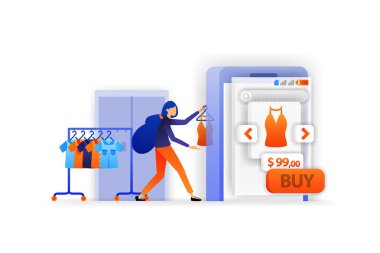 Online pazarda satmak. Satılık kıyafetleri gösterin. Mobil alışveriş uygulamaları. Online ödeme satış ürünü. vektör illüstrasyon kavramı için, açılış sayfası, web, ui, afiş, poster, şablon, arka plan, pazarlama, promosyon, reklam, belge