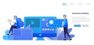 videolara ve sosyal medyayı etkileyen içeriğin durumuna yorum, derecelendirme, beğeni ve geri bildirim sağlamak. açılış sayfası, web, ui, banner, el ilanı, poster, şablon, arka plan, pazarlama, promosyon, reklam, belge için düz illüstrasyon kavramı