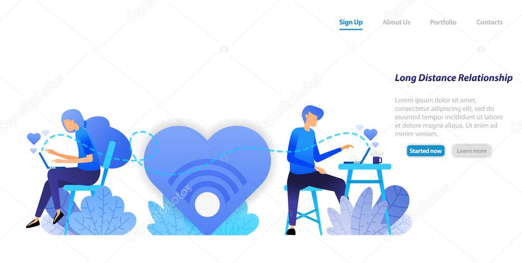 send chat big love messages  from long distance relationship couple communication with a desktop laptop. flat illustration concept for landing page, web, ui, banner, flyer, poster, template, background, marketing, promotion, advertising, document