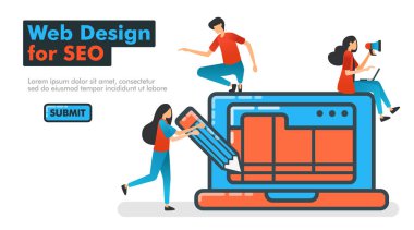 Seo hattı vektör illüstrasyon için Web Tasarım. web arama motorlarında Seo optimize etmek için kalem ve tel kafes ile dizüstü bilgisayarlarda yazılım ve uygulamalar ile tasarım. Açılış sayfaları Web Sitesi Banner Mobil Reklam, pazarlama, promosyon, reklam, belge, reklamlar