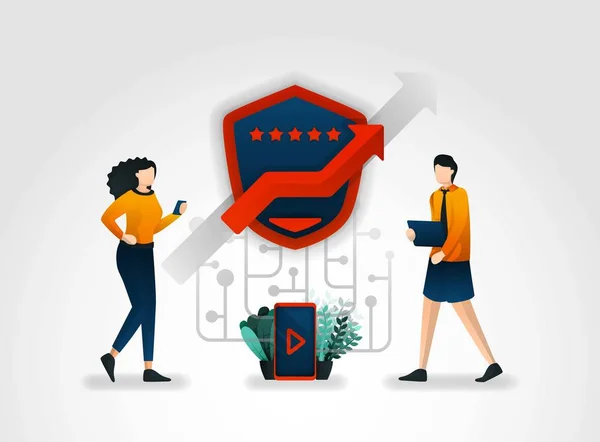 flat cartoon character. users provide security reviews on each application they use. security companies also ask for advice from security consultants to improve security protective service on each app, marketing, promotion, advertising, document, ads