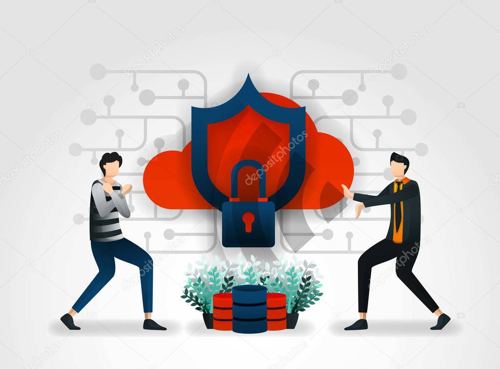 flat cartoon character. developers keep cloud storage, server, database from attacks by thieves and hackers. security companies conduct assessments on product security systems and service to protect customers, marketing, promotion, advertising, ads