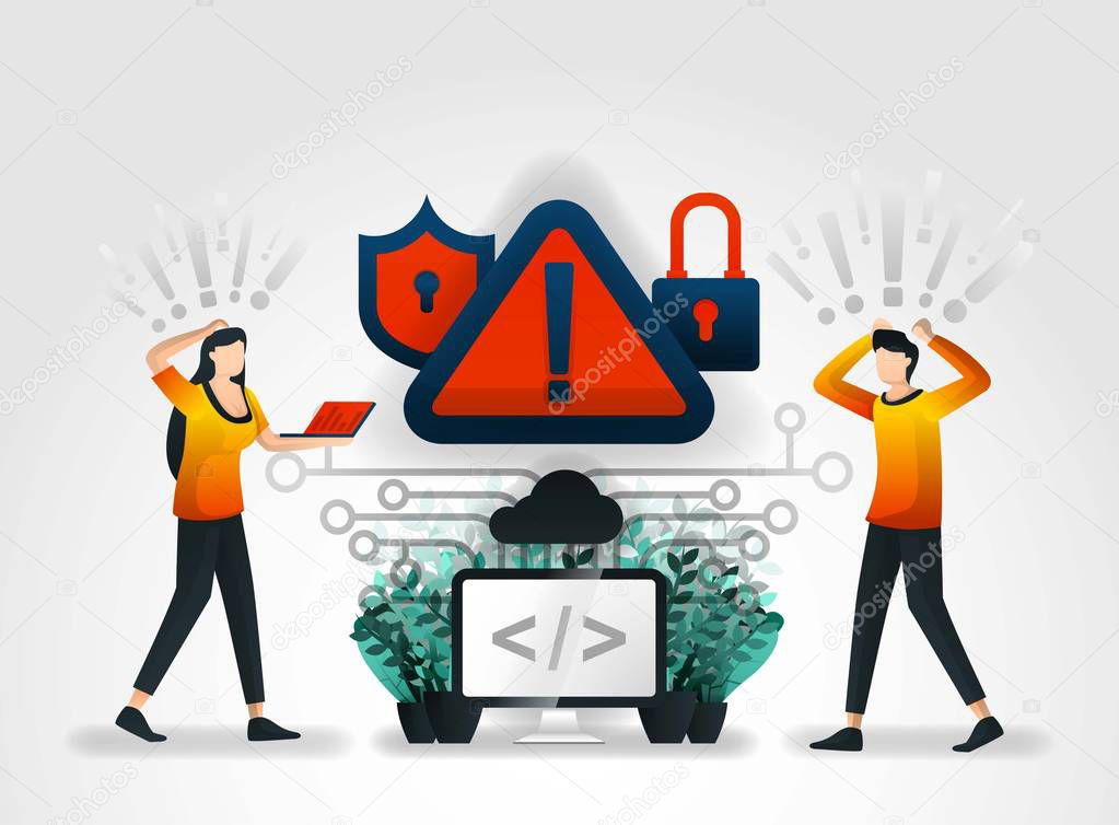 Vector flat cartoon character. developer detect hacking of database on the storage system server. private security firms usually provide audits every security services company that successfully hacked, marketing, promotion, advertising, document, ads