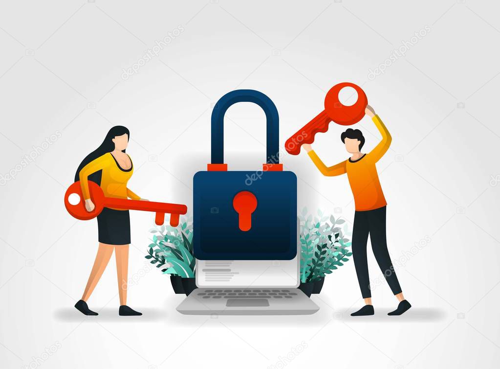 Vector illustration concept. people are holding key to trying to enter and unlock application security but fail because executive protection and products from security services company that very good. marketing, promotion, advertising, document, ads