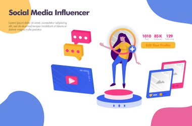 Sosyal Medya Influencer İllüstrasyon Kavramı olarak çalışma. Açılış sayfası web sitesi için modern düz tasarım konsepti, mobil uygulamalar ui ux, afiş afiş, el ilanı broşürü, web baskı belge reklamları. Vektör Eps 10, pazarlama, promosyon, reklam, belge, reklamlar