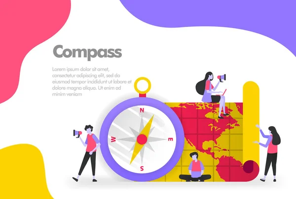 Bússola e Mapas Ilustração Conceito, viagem e destino. Conceito de design plano moderno para o site da página de destino, aplicativos móveis ui ux, cartaz de banner, folheto de panfleto, documento de impressão da web. Vector EPS 10, marketing, promoção, publicidade, documento, anúncios —  Vetores de Stock