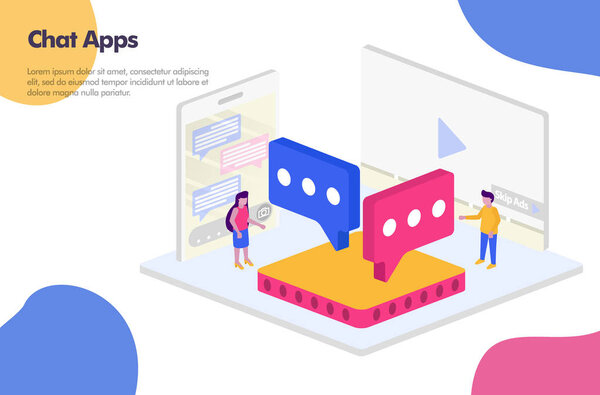 Chat apps isometric design Illustration Concept. Modern flat design concept for Landing page website, mobile apps ui ux, banner poster, flyer brochure, web print document ads. Vector EPS 10, marketing, promotion, advertising, document, ads