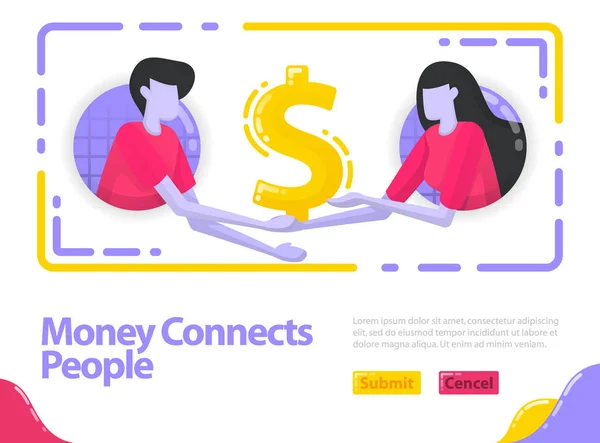 Illustration money connects people. People shake hands and get out money. Cooperation in business and finance. Dollar and investment. Flat vector concept for Landing page, website, mobile, apps ui, ux, marketing, promotion, advertising, document, ads