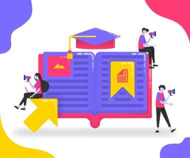 Eğitim için kitap çizimleri. Kitap veya sözlükler arasında eğitim gören öğrenciler. Kitaptaki önemli sayfalarda yer imi. Mezuniyet şapkası. Açılış sayfası, web sitesi, mobil, uygulamalar, pazarlama, promosyon, reklam, belge, reklamlar için düz vektör kavramı