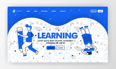 Çizgi tarzı ve karikatür düz illüstrasyon öğrenme ve eğitim için açılış sayfası. Kız okumak ve sabit arka plan desenli kalem tutarak. Web Sitesi için Can, Ui Ux, Web, Mobil App, Poster, pazarlama, promosyon, reklam, belge, reklamlar