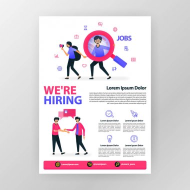 announcement poster open up vacancy. we're hiring with vector flat cartoon illustration. flayer business pamphlet brochure magazine cover design layout space for ad, promotion, marketing A4 size print, marketing, promotion, advertising, document, ads clipart