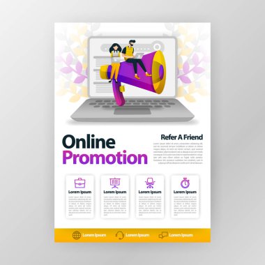 Online promotion and refer a friend business poster with flat cartoon illustration. flyer pamphlet brochure magazine cover design layout space for promotion marketing, vector print template A4 size, marketing, promotion, advertising, document, ads clipart