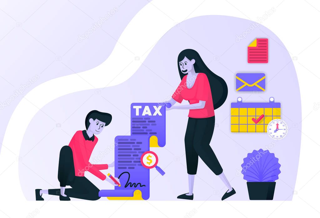 couple is signing and filling out the tax payment obligation on schedule. comply with the government annual tax form to avoid fines. Flat vector illustration concept for Landing page, website, mobile, marketing, promotion, advertising, document, ads