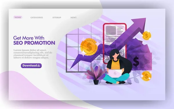 Vinstoptimering Med Seo Promotion Vector Web Illustration Flicka Studerar Seo — Stock vektor