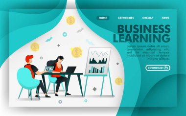 Vektör illüstrasyon kavramı. Yeşil Web Sitesi Banner iş öğrenme hakkında, işçi grafik ve satış büyüme hakkında bilgi edinin. mobil uygulamalar için uygun, baskı, online, Ui, Poster, Sayfa, App. Düz karikatür tarzı, pazarlama, promosyon, reklam, broşür