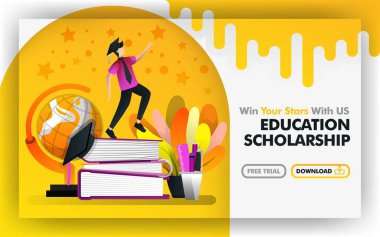 Vector illustration concept. Yellow banner website about educational scholarship. bachelor try to reach stars are surrounded by globe and stationery. suitable for print , online. Flat cartoon style, marketing, promotion, advertisement, brochure clipart