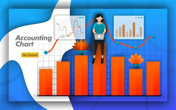 Accounting Chart Design with bar charts and line charts for all accounting activities, accounting training, certifications. simply bookkeeping for brochure and design presentations. Flat vector style. Creative Design Concept Flat Cartoon Illustration
